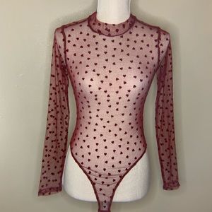 Forever 21 Sheer w/Hearts Long Sleeve Bodysuit Small